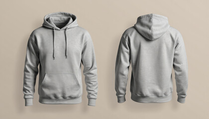 Heather grey hoodie mock-up, front, back views. Cosy, comfortable apparel ideal for casual wear, offering trendy, unisex style. Minimalist design on neutral backdrop perfect for customizable fashion.