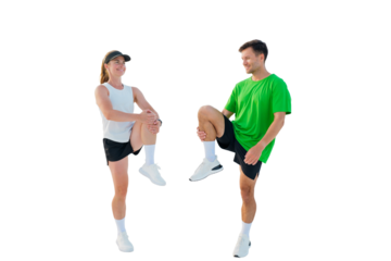 Couple engaging in dynamic stretching exercises for fitness