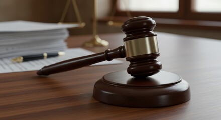 Wooden gavel resting on a sound block on a wooden table with pen and papers for law concepts