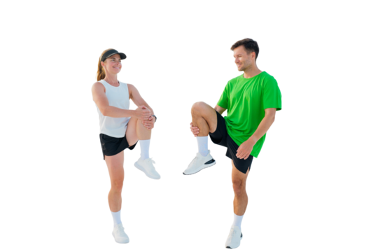 Couple engaging in dynamic stretching exercises for fitness