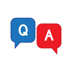 Question answer icon. Blue red bubbles. Speech communication symbol. Vector dialogue illustration.