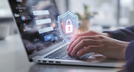 Data Security and Online Protection on Laptop Screen with Verified Shield Icon Concept