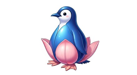 Obraz premium Illustration of a blue penguin with white face sitting in a pink lotus flower on white background