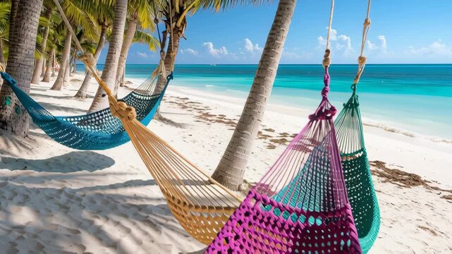 Colorful crochet hammocks hanging between palm trees on a tropical beach  