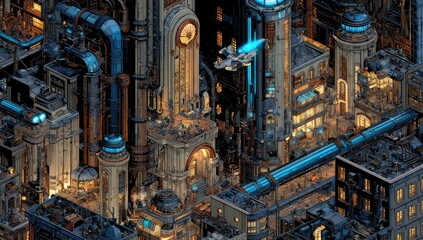 Steampunk Cityscape Aerial View of Futuristic Metropolis at Night