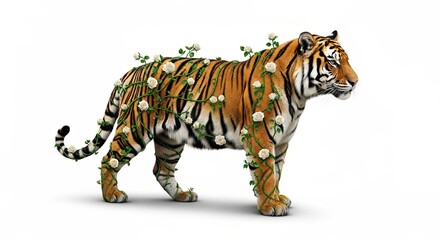 Obraz premium A tiger standing with white roses and green vines wrapped around its body on a white background
