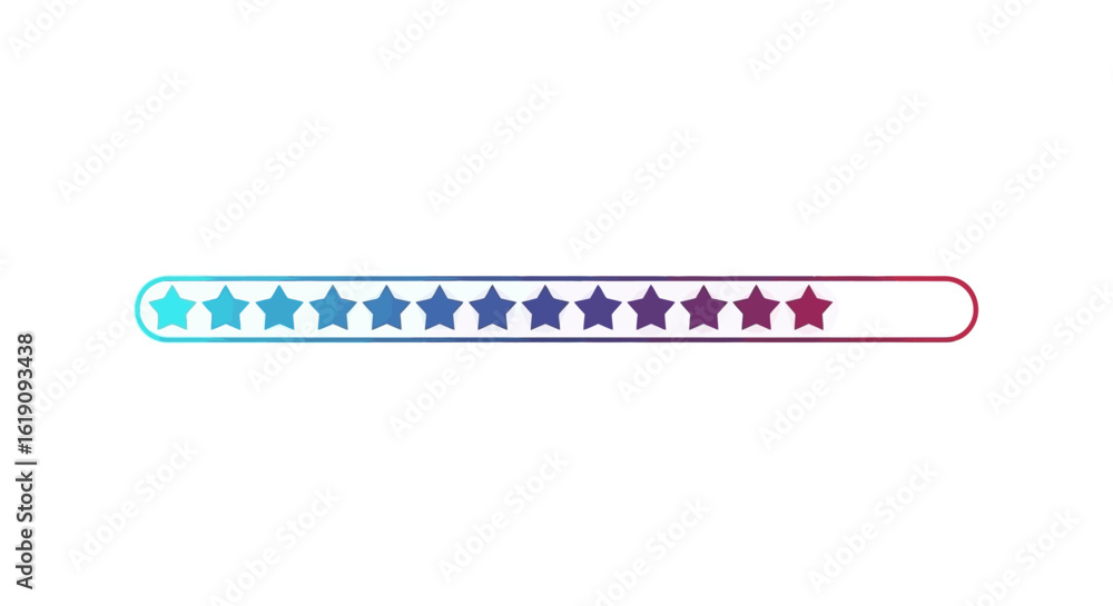 Poster a progress bar with ten star shapes, transitioning from blue to pink gradient, indicating loading or