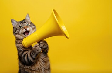 Funny tabby cat holds yellow megaphone announcing important news. Adorable pet animal promotes marketing, social media concept. Bright studio background highlights cute, playful fluffy mammal making