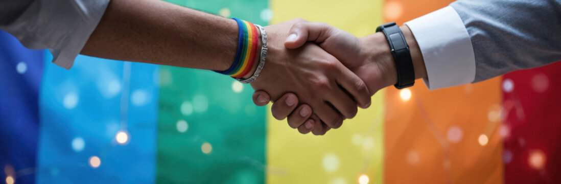Two men shake hands, one wears rainbow wristband. Event fosters LGBTQ connections, idea sharing, pro growth. Celebrate diversity, inclusion, community support at this networking mixer.