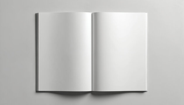 Opened blank catalog mockup on white paper background. Features clean empty pages perfect for graphic design projects. Ideal for product catalogs, magazines, portfolios with ample copy space.