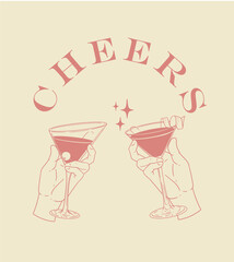 Original illustration featuring cocktail glasses toasting. Minimalist drawing of glasses. Ideal for celebrations, bars, posters, menus, or graphic design.