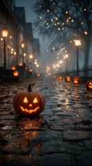 Carved pumpkin glowing in twilight Generative AI