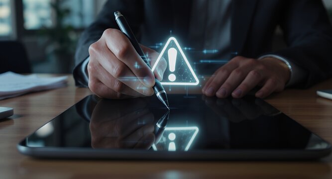 Digital Warning Alert Symbol on Tablet Screen Business Cybersecurity and Data Risk Management