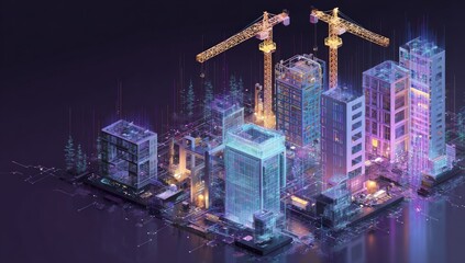 Futuristic city in isometric view with construction