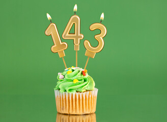 Birthday card with candle and cupcake - Number 143 on a green background