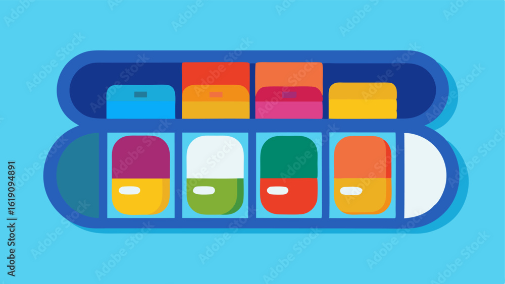 Poster daily pill organizer an open weekly pill organizer with colorful compartments filled with various su