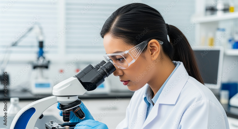Poster scientist using microscope in laboratory research