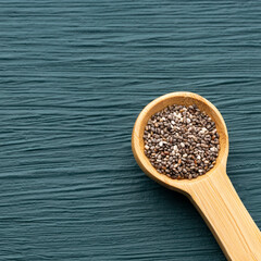 Organic fresh chia seeds in spoon - Salvia hispanica