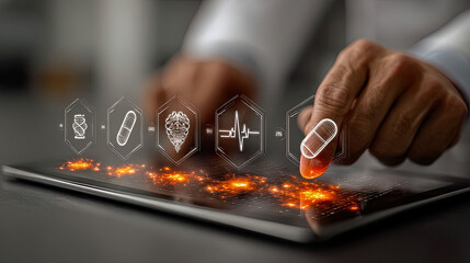 Doctor using futuristic interface selecting digital pill for innovative treatment