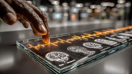 Doctor evaluating heartbeat and brain activity on futuristic glass display