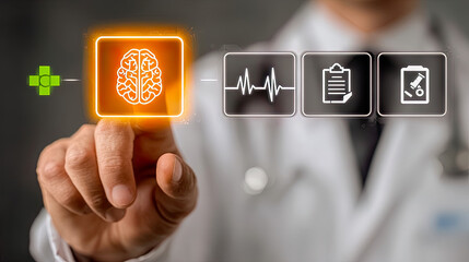 Doctor using futuristic interface selecting brain icon for neurology research