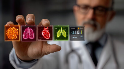 Doctor showing hologram interface of virus, lungs and heart analysis with data chart