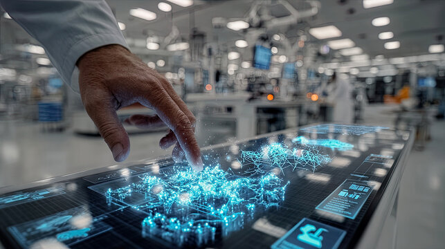 Scientist using futuristic interactive touchscreen table in high-tech laboratory setting