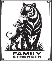 Majestic tiger and cub silhouette illustrating family strength with graphic vector design elements