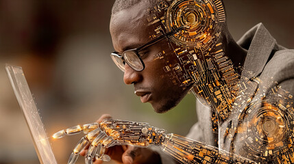 Businessman using laptop with overlayed robotic hand and circuitry