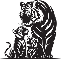 Obraz premium Mother tiger and two cubs monochrome graphic depicting a family bond and protection