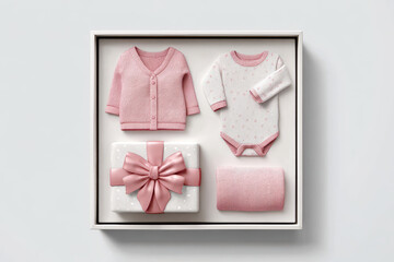 Gift set arranged neatly in box, adorable pink cardigan, baby bodysuit, and present with ribbon, makes truly heartwarming present