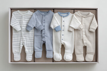 Gift premium set of baby apparel evokes warmth of welcome, displaying tender, soft sleepsuits perfect for newborn in presentation box