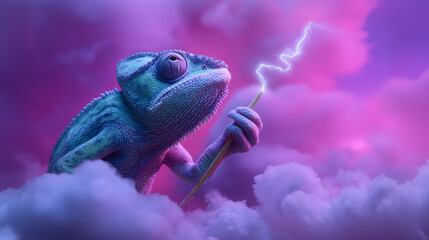 Chameleon in dreamy clouds holding lightning bolt, surreal fantasy concept with pink and purple sky. Perfect for storytelling, creative branding, advertising campaigns and modern digital design.