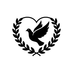 Fototapeta premium Solid black vector of a peace dove carrying an olive branch in its beak
