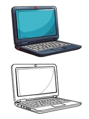 Modern Laptop Computer Illustration Set in Color and Outline
