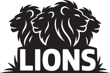 Strong black and white vector illustration featuring four lions with bold typography