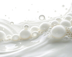 A close up of white liquid with bubbles and droplets on a white background creating a clean aesthetic