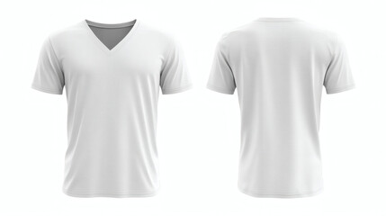 Plain simple white V-neck t-shirt 3D mockup displaying front and back perspectives for your unique clothing designs on a clean white background