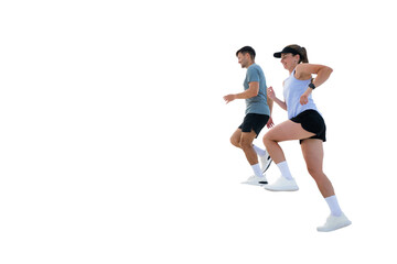 Couple enjoying energetic jog on bright day in a lively urban setting