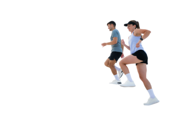 Couple enjoying energetic jog on bright day in a lively urban setting