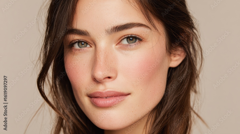 Poster calm expression with minimal makeup against a neutral background, creating a serene and natural appe