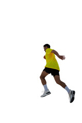 Dynamic runner in bright attire leaping forward in athletic action