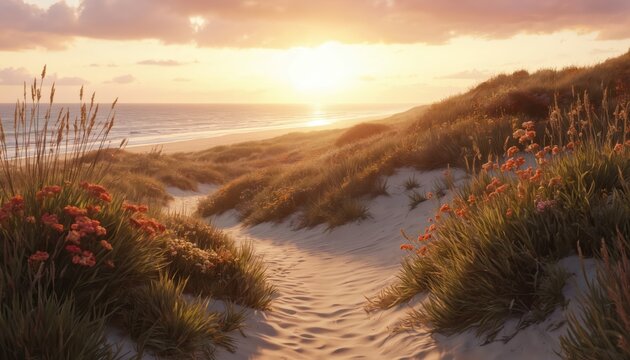 Scenic pathway through coastal dunes bathed in warm sunset light. Grassy vegetation and wildflowers line the sandy path leading towards the tranquil ocean horizon, creating a serene natural landscape.