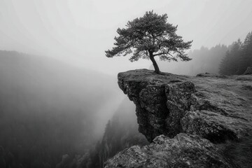 Lonely tree stands on a rocky cliff surrounded by thick fog during a moody day in the mountain highlands landscape