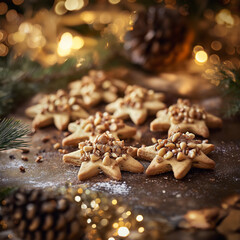 Flat star shaped cookies adorned with seeds and crushed walnuts arranged casually on a rustic surface, captured through the soft blur of around Christmas decorations.