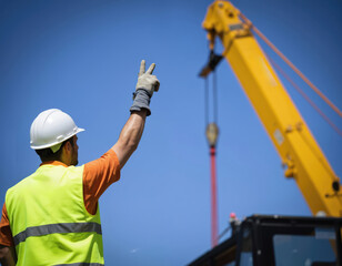 Construction worker in hard hat, safety vest uses hand signals to direct crane operation. Rigger communicates with operator by raising fingers, controlling heavy machinery lift for site safety,