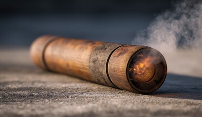 Aged wooden cylinder exhaling smoke