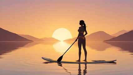 Silhouette of a woman paddleboarding on calm lake at sunset, surrounded by peaceful mountains.