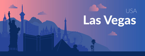 The stunning Las Vegas Skyline features its Iconic Landmarks set against a beautiful Dusk Sky