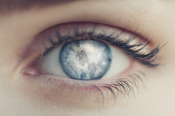 Surreal close-up of an eye with a moon texture in the iris